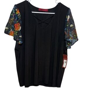 Love Scarlett Cris cross Neck Black Floral Short Sleeve Blouse 2X NWT